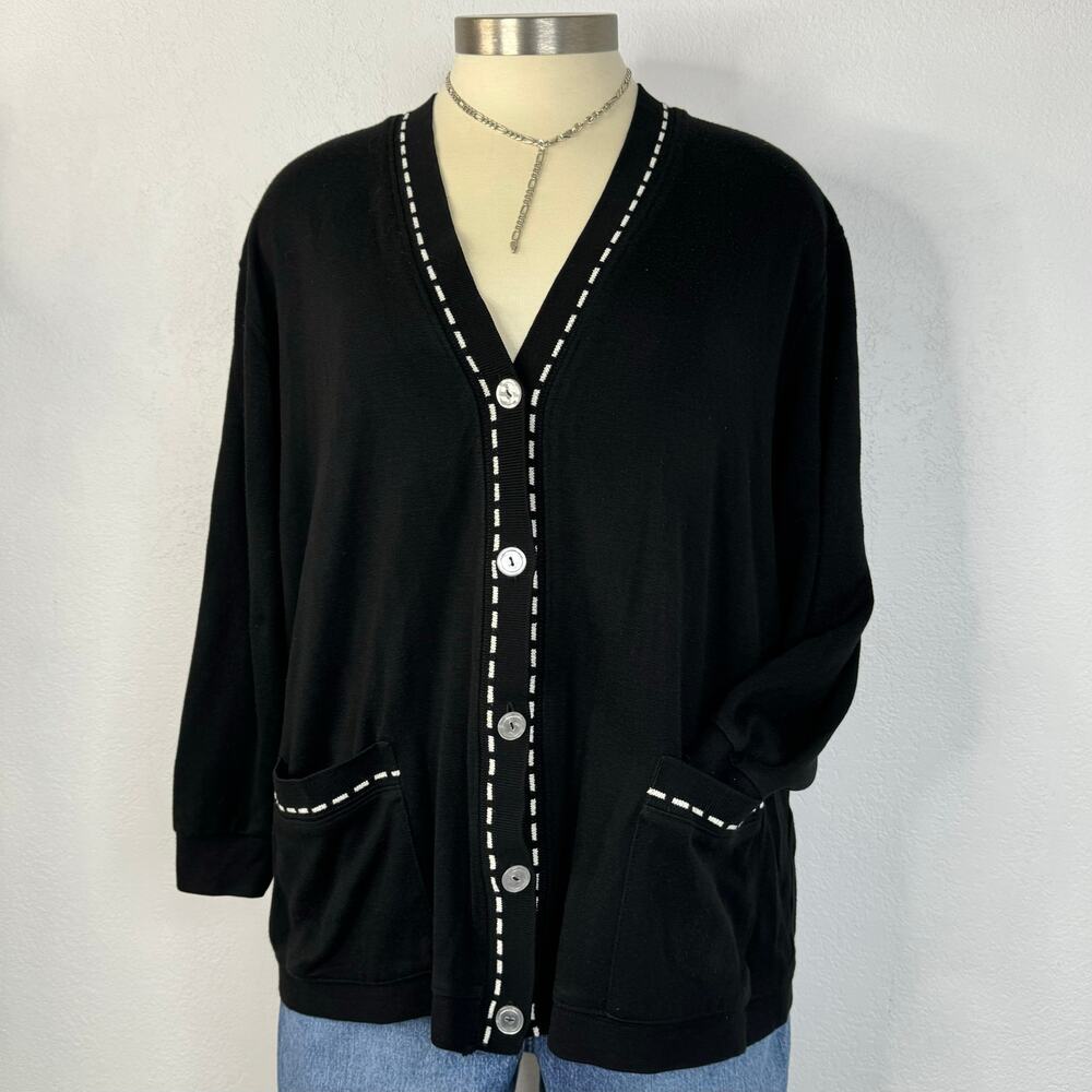 Vintage 90s Black White Contrast Button V-Neck Cardigan Sweater Size 2X